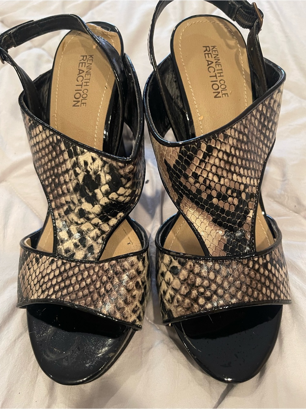Kenneth Cole Reaction Black and Brown Snake-Print Slingback Heels